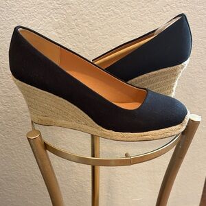 J. Crew Black and Tan Wedge Espadrilles